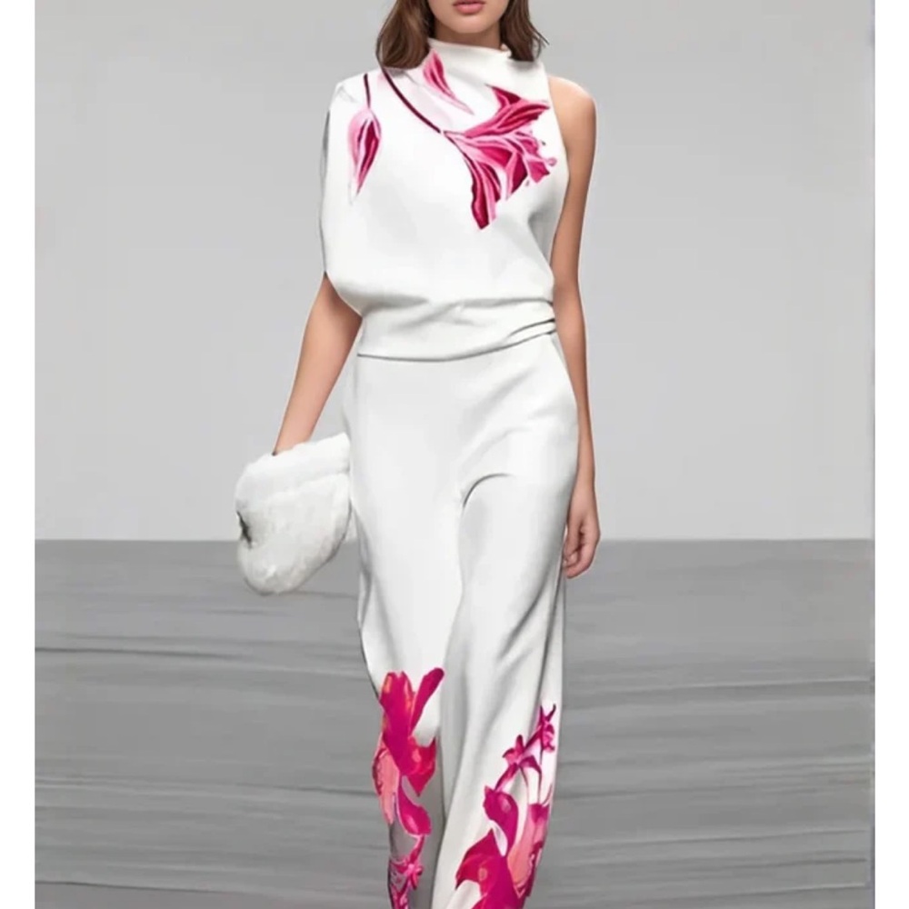 2 piece White and Pink Floral Jumpsuit with Relaxed Fit. Size Medium runs small.